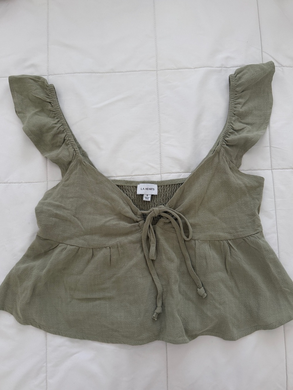 La Hearts Olive Tie-Front Ruffle Strap Crop Top